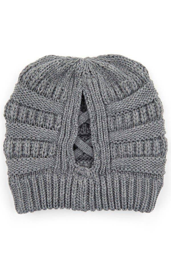 C.C Criss Cross Ponytail Knit Beanie Winter Hat: Beige
