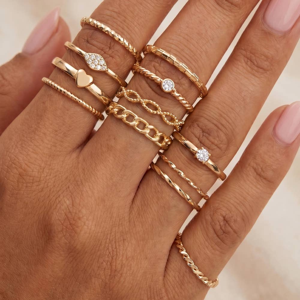 Crystal Heart And Cluster Stacking Ring Set: GDCRY