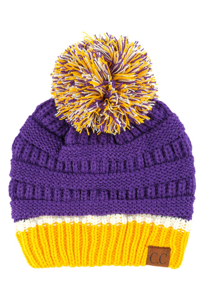C.C Team Color Ribbed Beanie with Pom Winter Hat: 6.royal Blue/Red