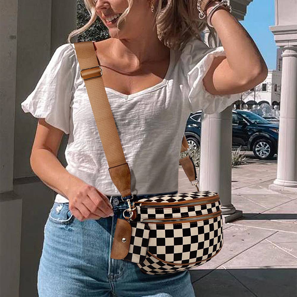 Checkerboard Crossbody Bag & Coin Purse: Brown