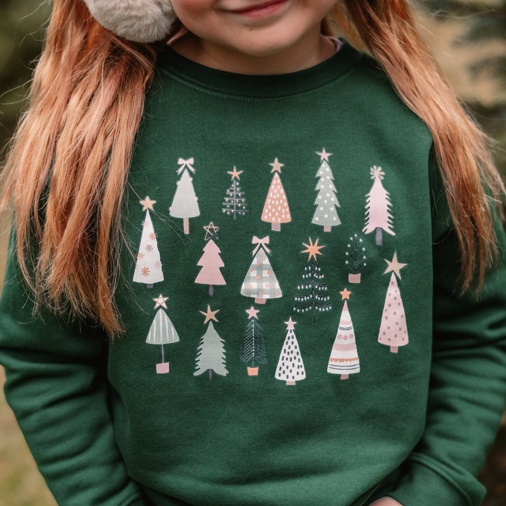 Whimsical Trees | Girls Christmas Sweatshirt : Pink / 12/14