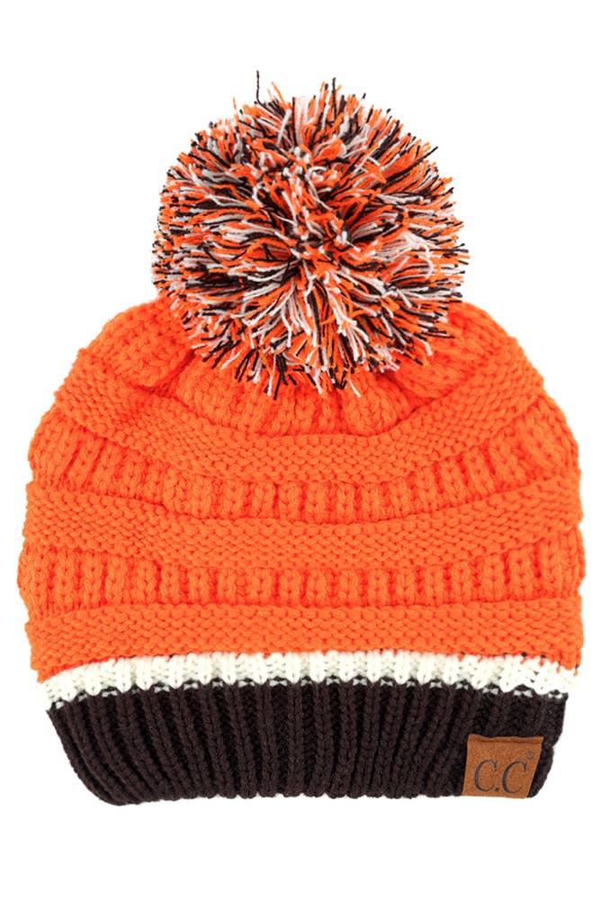 C.C Team Color Ribbed Beanie with Pom Winter Hat: 6.royal Blue/Red