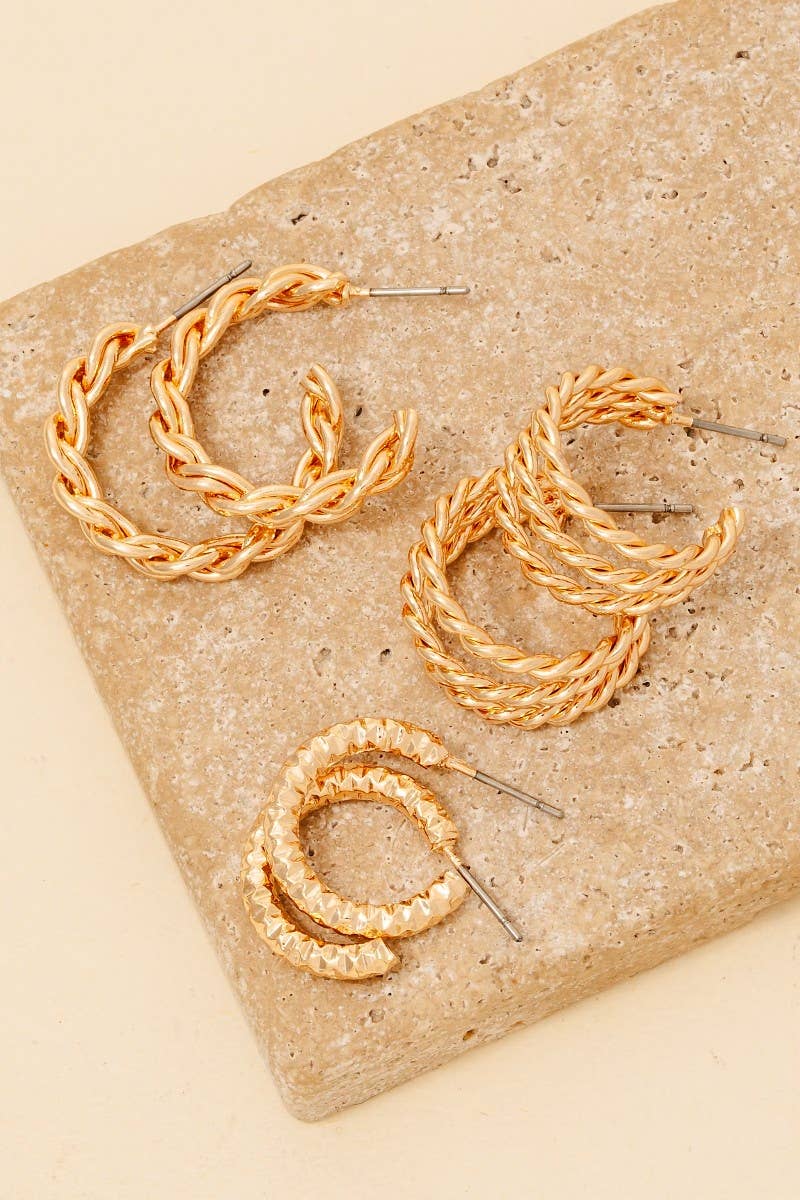 6Pc Two Tone Textured Hoop Earrings Set: SET