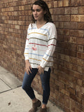 V-Neck Side Slit Striped Sweater