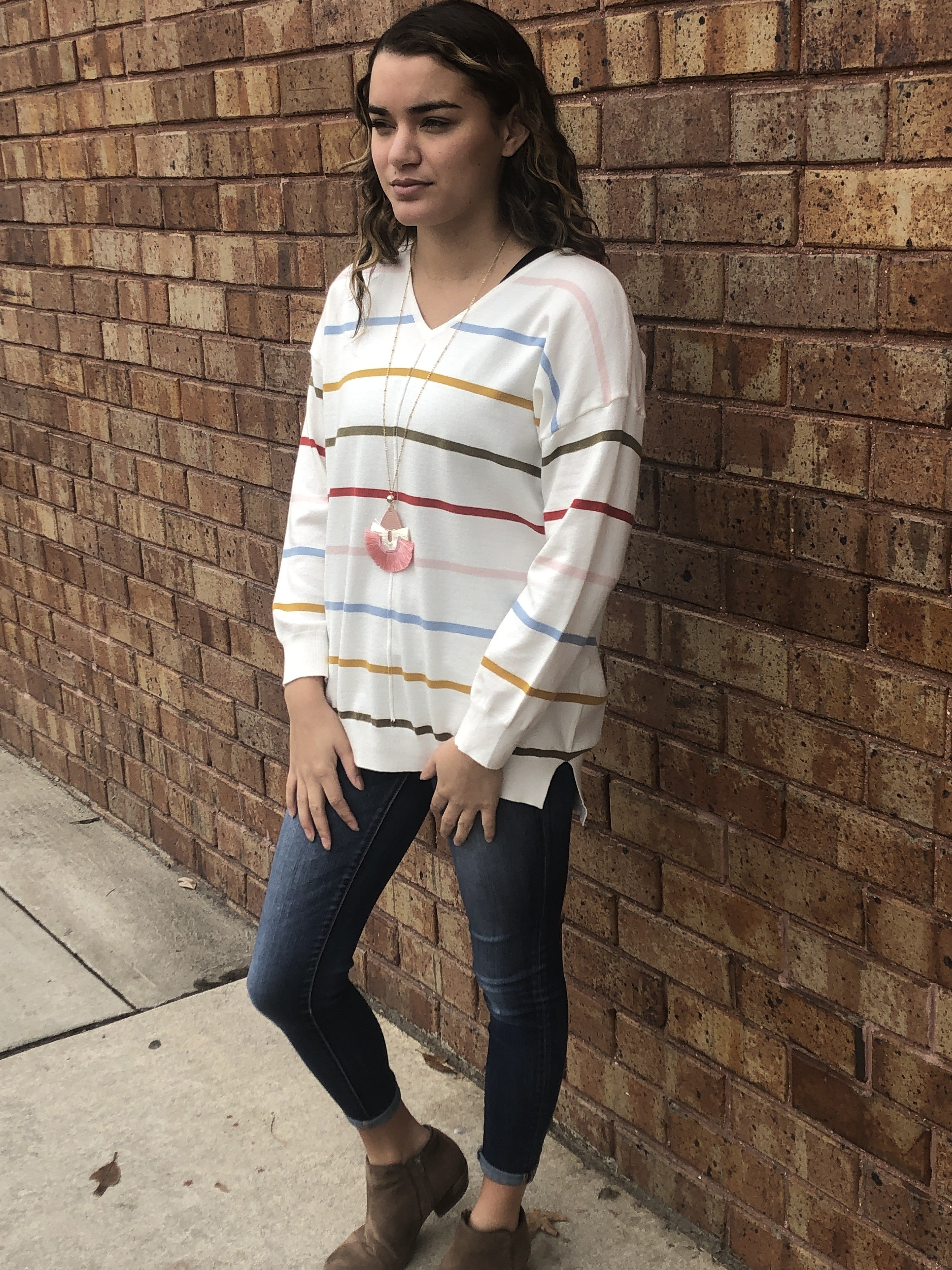 V-Neck Side Slit Striped Sweater