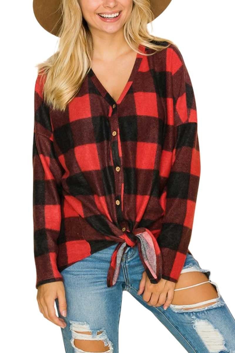 Brushed Knit Plaid Button Down Top