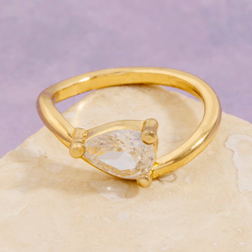 Gold Dipped Cz Pear Teardrop Wavy Pinky Ring: G