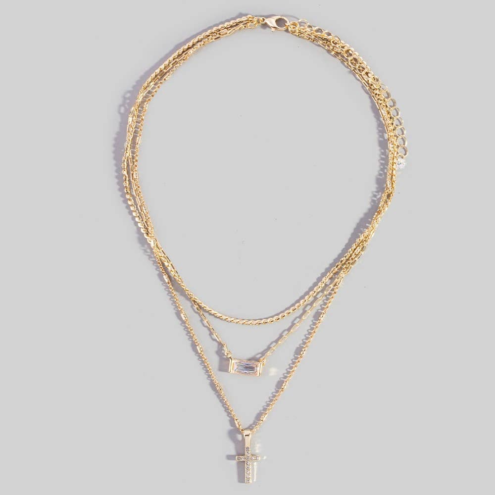 Triple Layered Chain Pave Cross Pendant Necklace: G