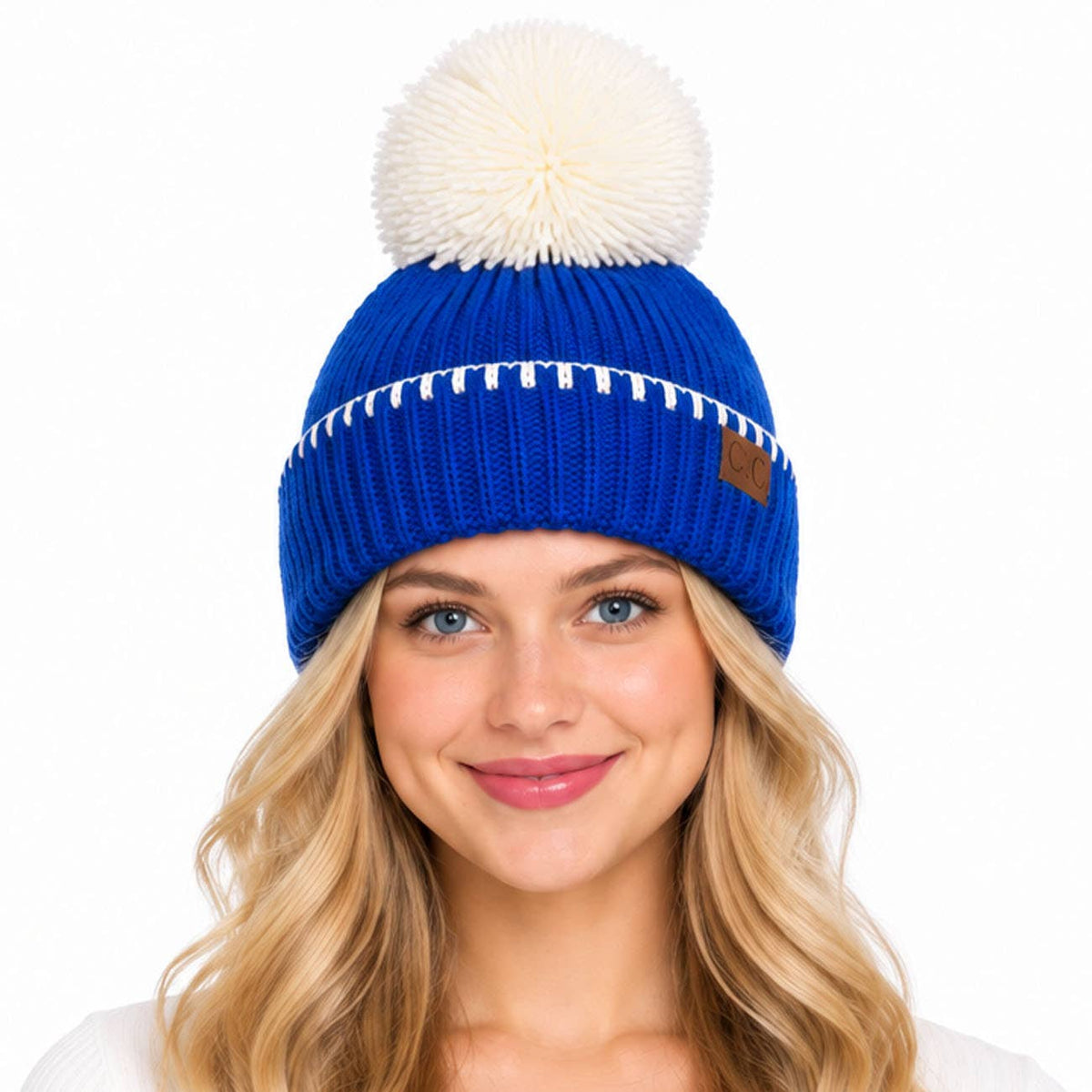 C.C Yarn Pom Game Day Team Stitch Point Beanie Hat: Red/Black