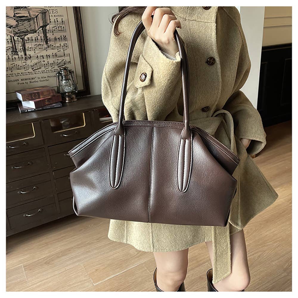 Soft Faux‑Leather Retro Tote Shoulder Purse for Daily Work U: Black