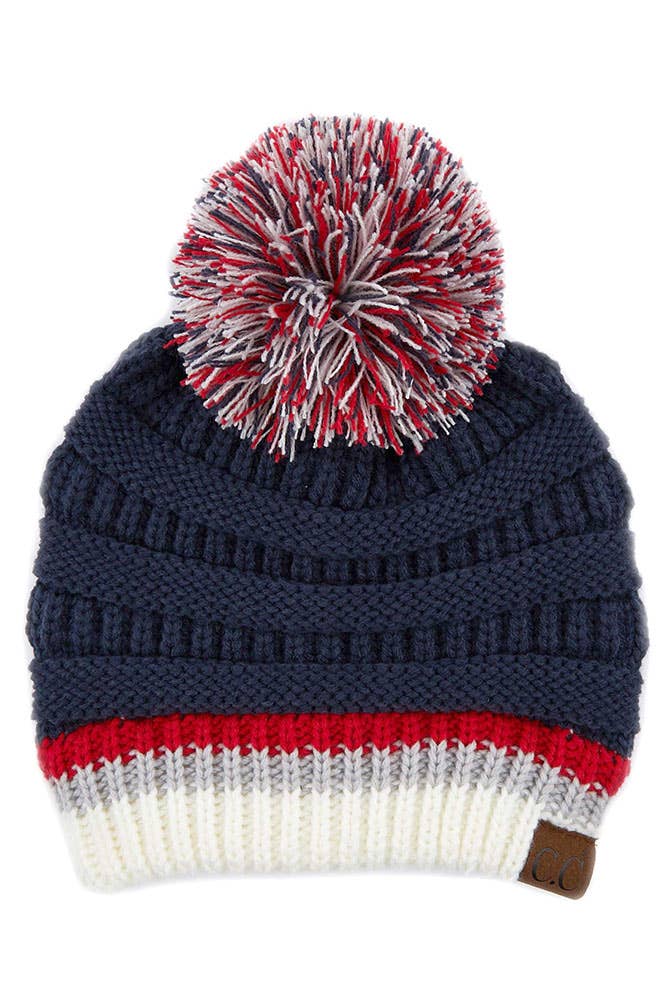 C.C Team Color Ribbed Beanie with Pom Winter Hat: 6.royal Blue/Red