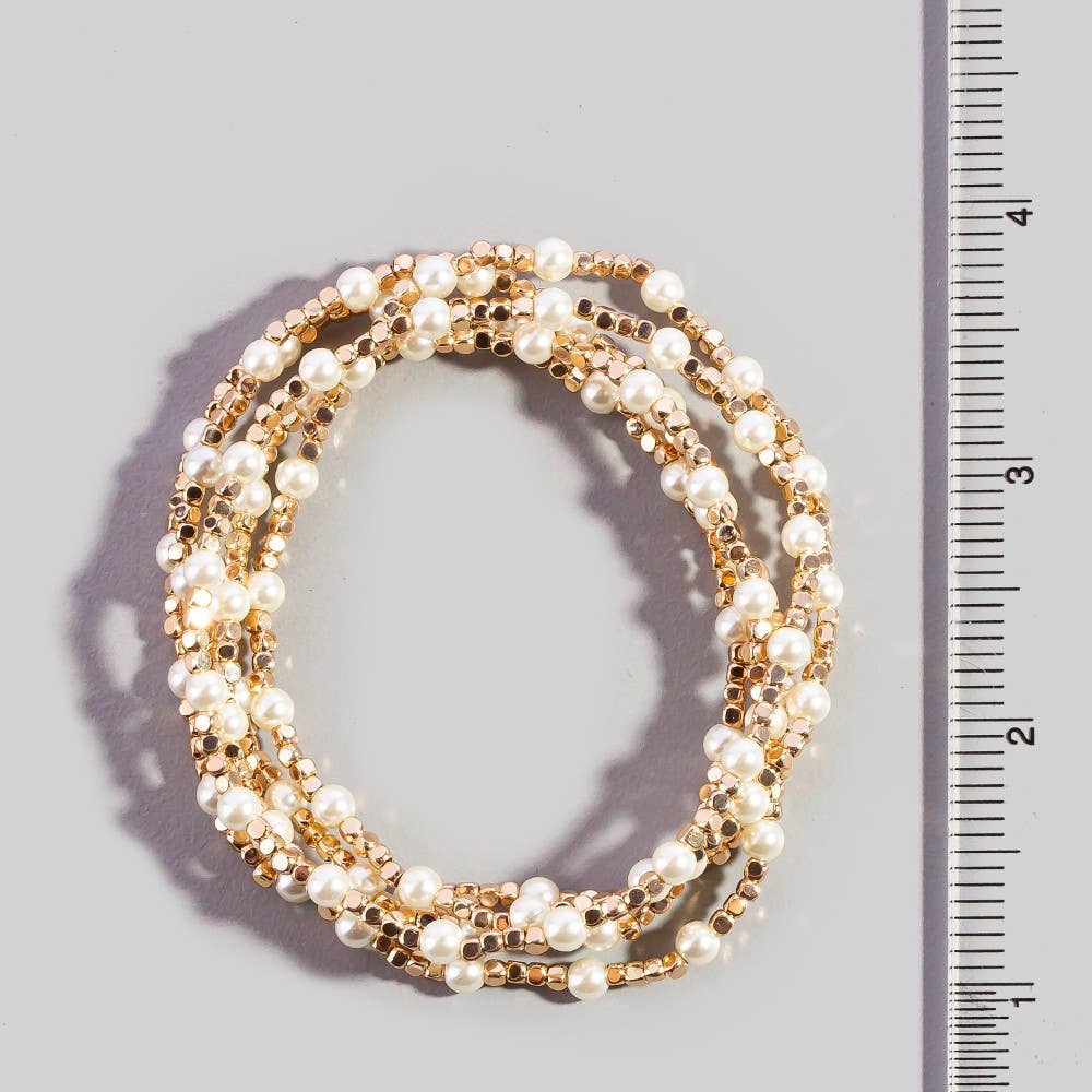 Pearl Gold Cube Bead Stretch Bracelet Set: CRMGD