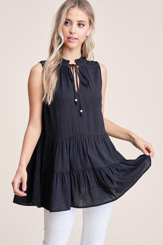 black sleeveless tie front top