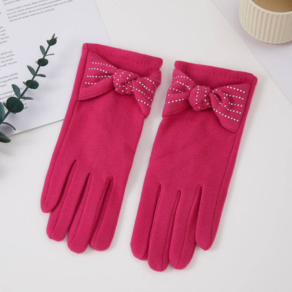 Stone Deco Bow Knit Winter Gloves: Red