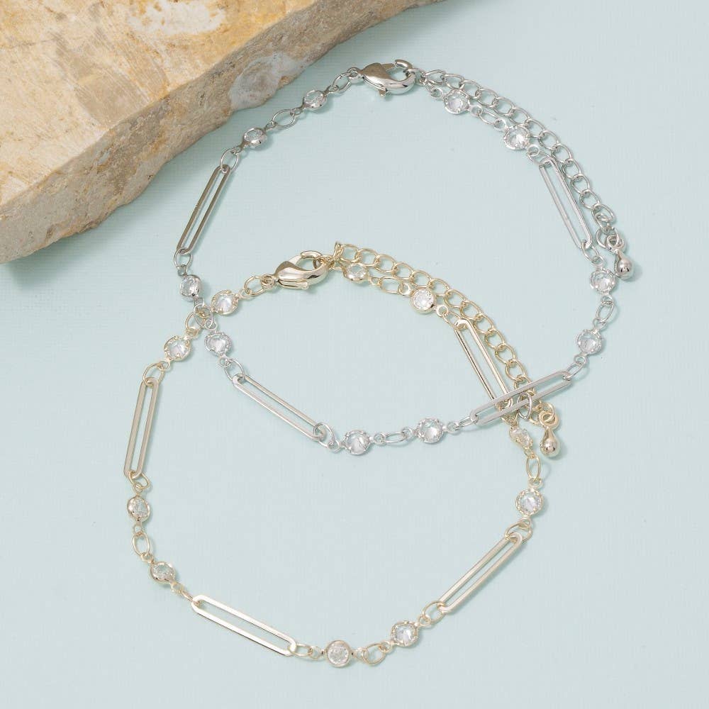 Bar & Round Cz Bezel Station Chain Bracelet: S