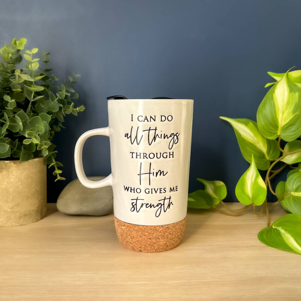 Ceramic Cork Bottom Travel Mugs: I Can Do All Things