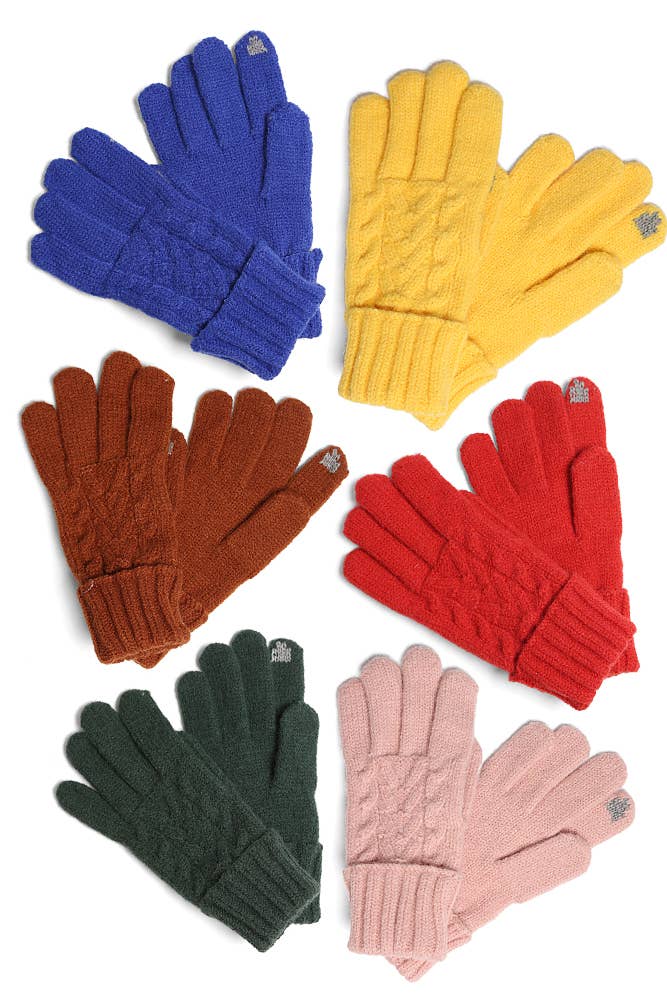 Solid Cable Knit Gloves with Flip Cuff