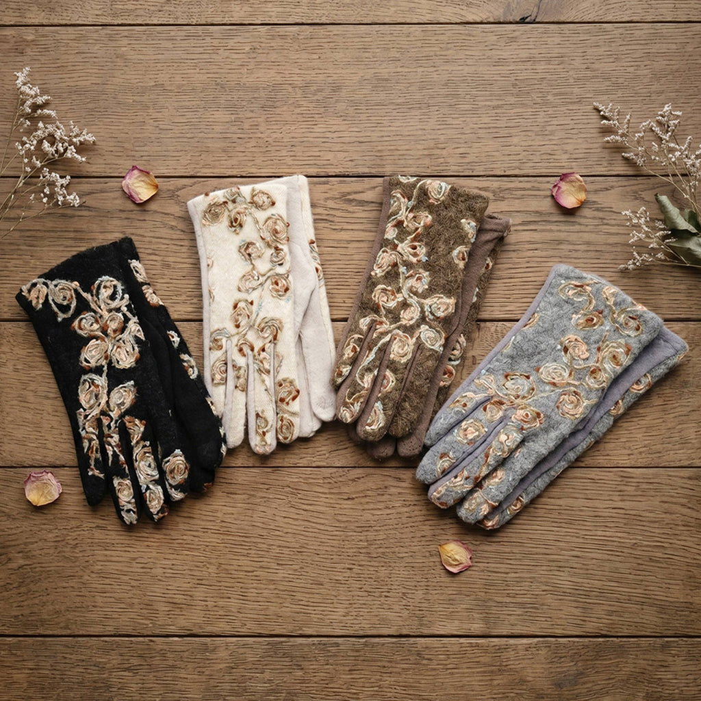 Floral Embroidered Touchscreen Gloves: Taupe