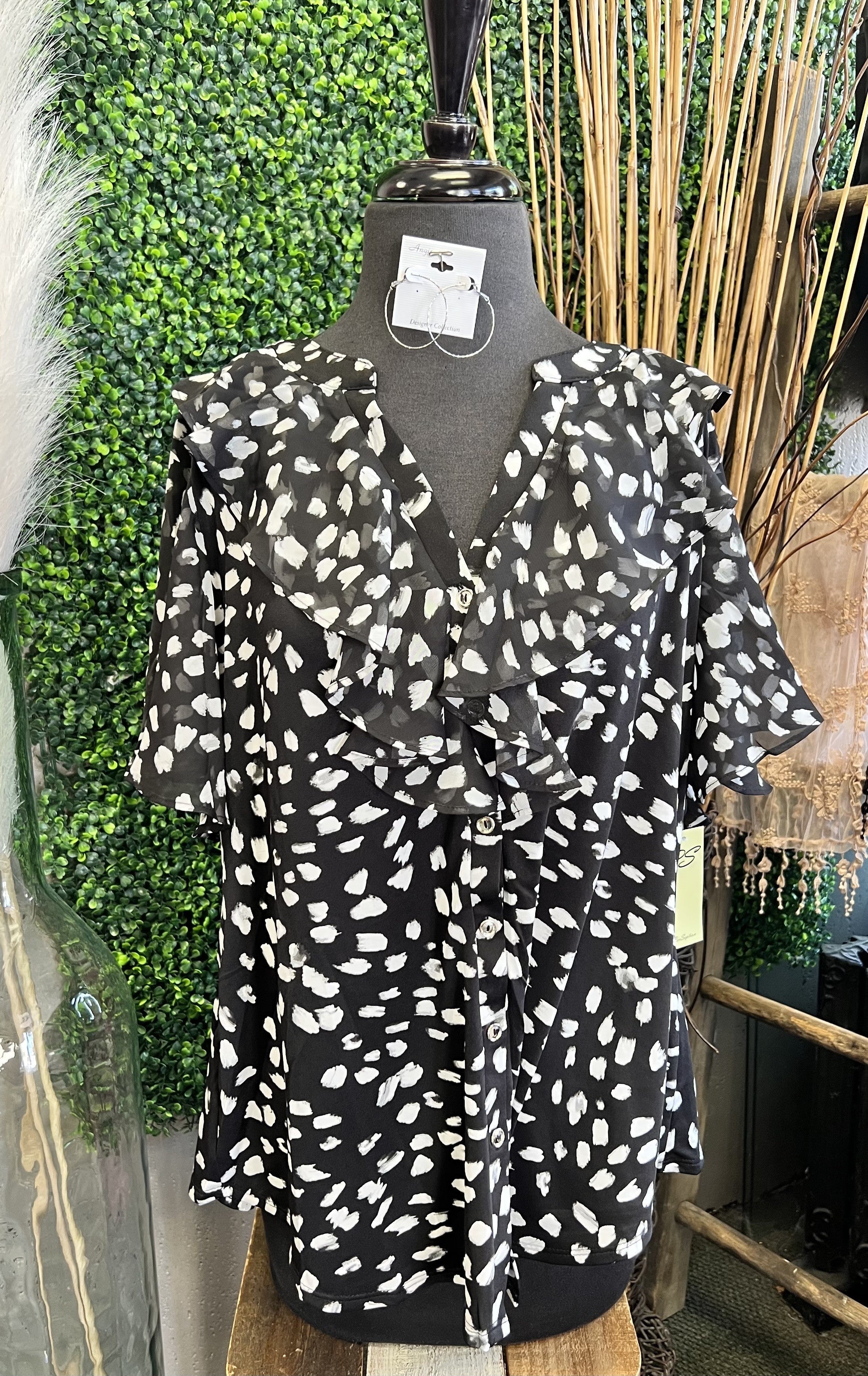 Printed Ruffle Neck Top Button Down Top