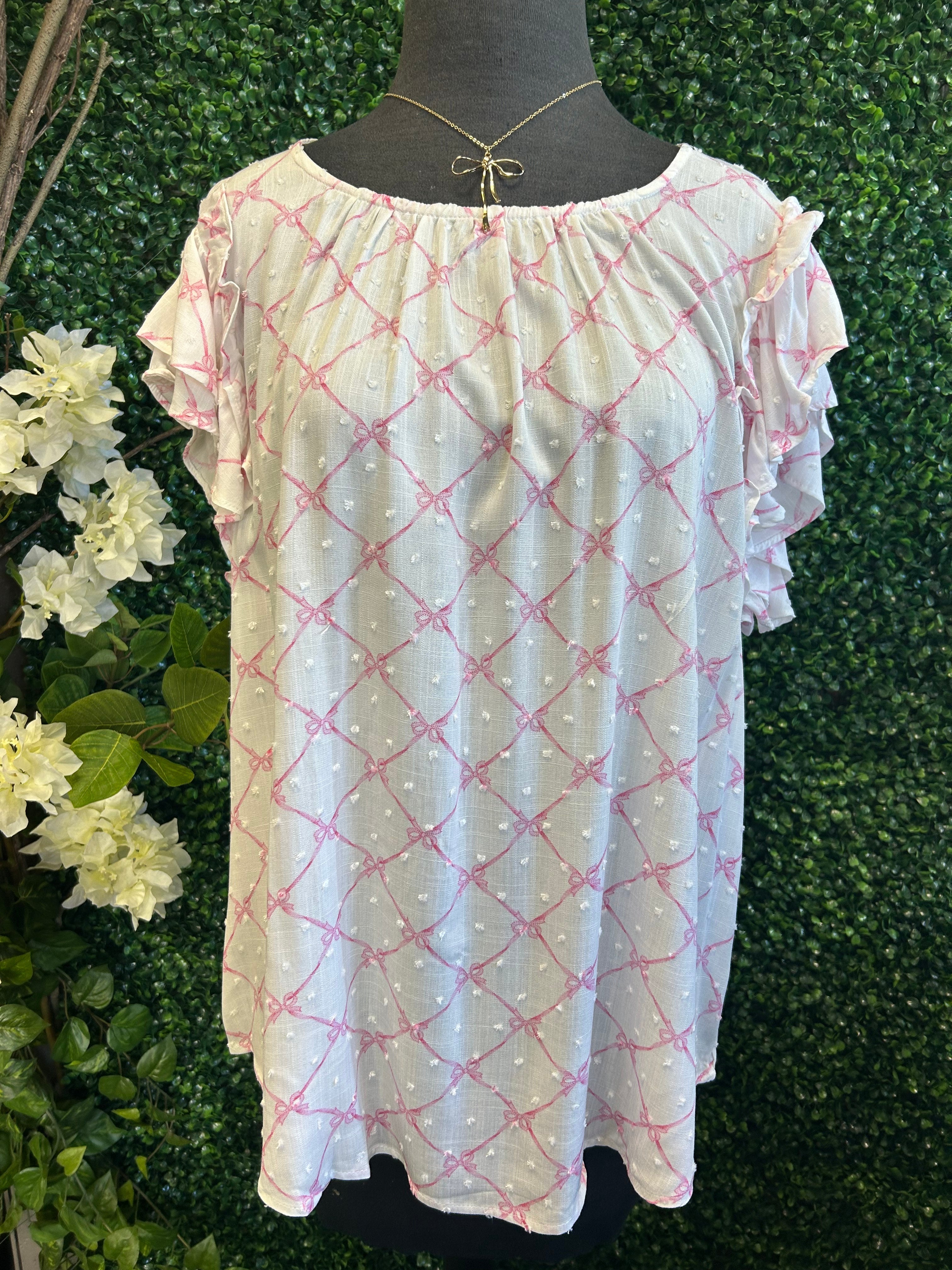 Plus Bow Clip Dot Pattern Ruffle Sleeve Blouse