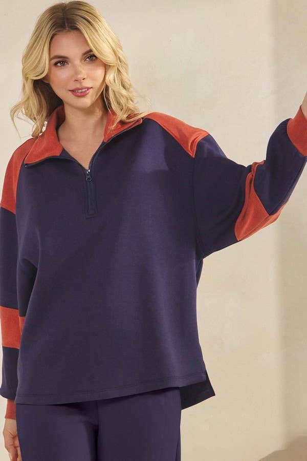 Women's Sleek Colorblock Half-Zip Cozy Fall Top Plus Size: Black/Light Khaki / XXL