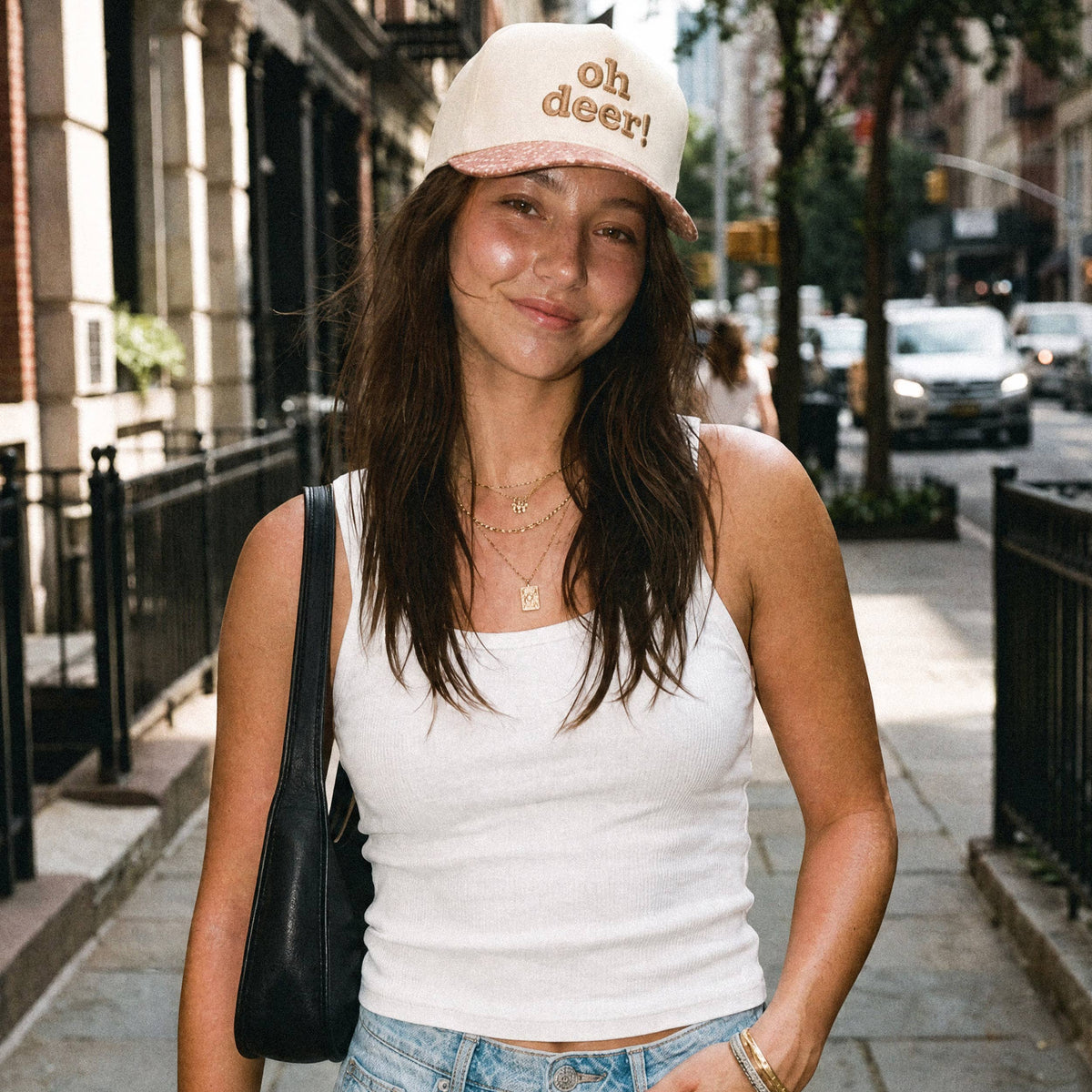 C.C OH DEER Letter Embroidered Two Tone Trucker Hat: Brown