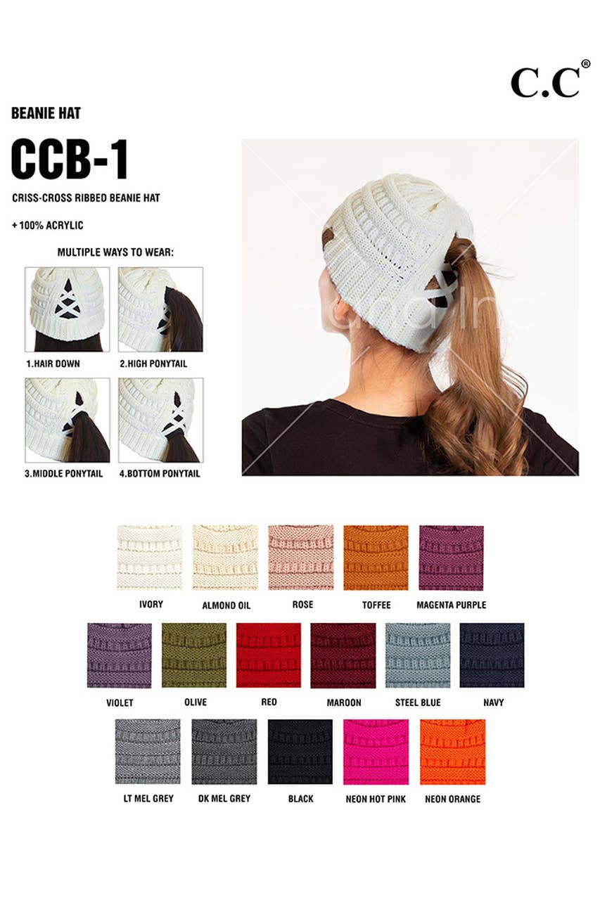 C.C Criss Cross Ponytail Knit Beanie Winter Hat: Beige