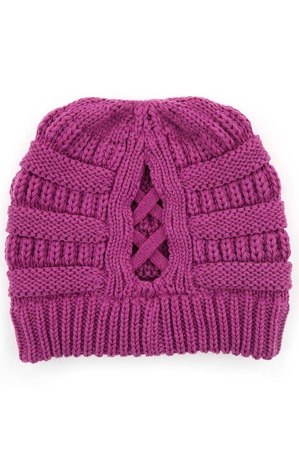 C.C Criss Cross Ponytail Knit Beanie Winter Hat: Indi Pink