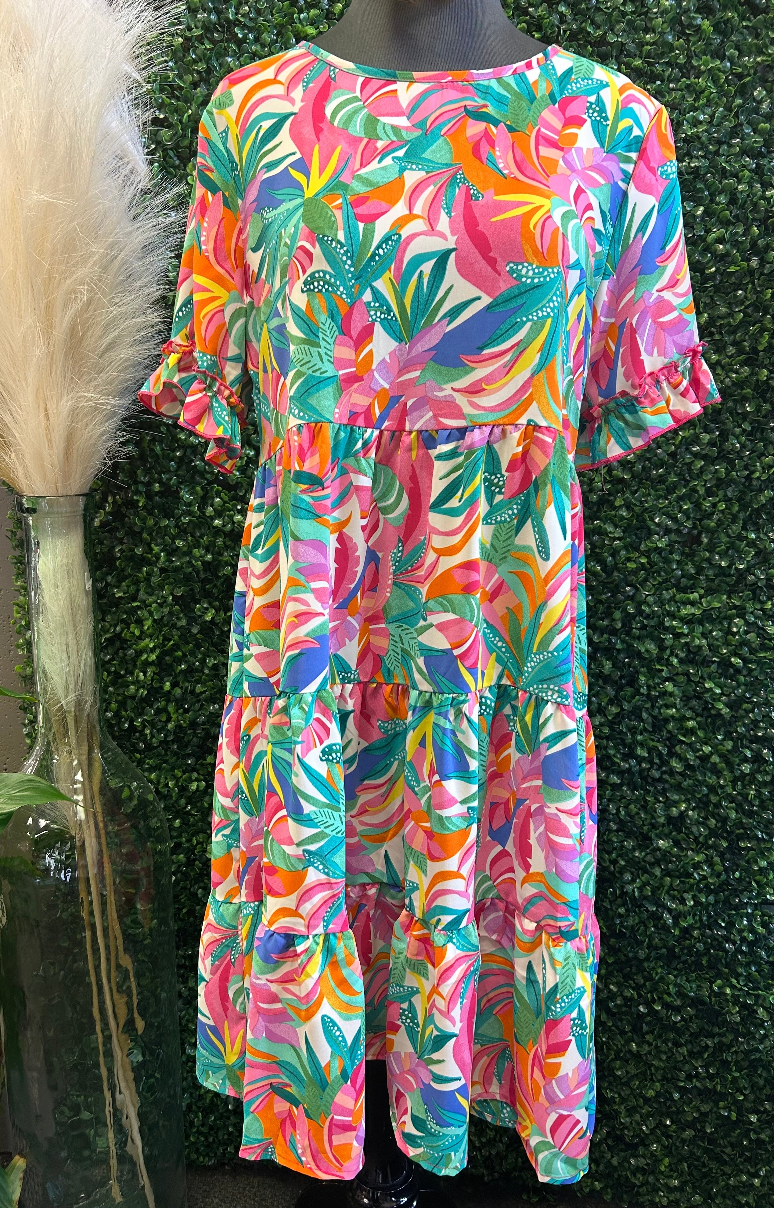 Tropical Print Smocked Dress