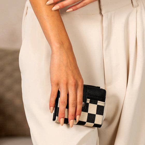 Wilma Mixed Media Fold-Over Wallet: Black Check
