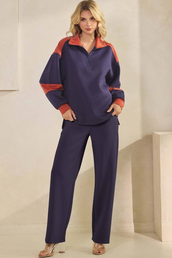 Women's Sleek Colorblock Half-Zip Cozy Fall Top Plus Size: Black/Light Khaki / XXL