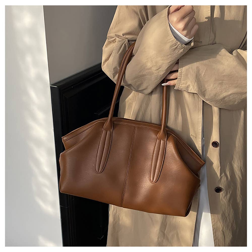 Soft Faux‑Leather Retro Tote Shoulder Purse for Daily Work U: Coffee