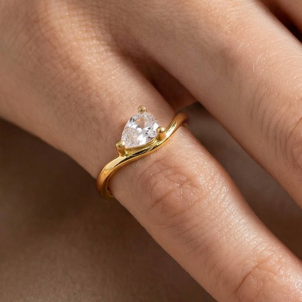 Gold Dipped Cz Pear Teardrop Wavy Pinky Ring: G