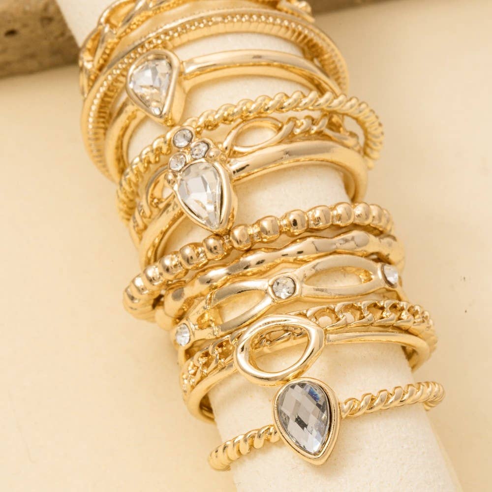 Twelve Piece Assorted Teardrop Ring Set: RHCRY