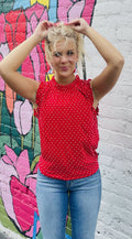 Red Sleeveless Swiss Dot Top