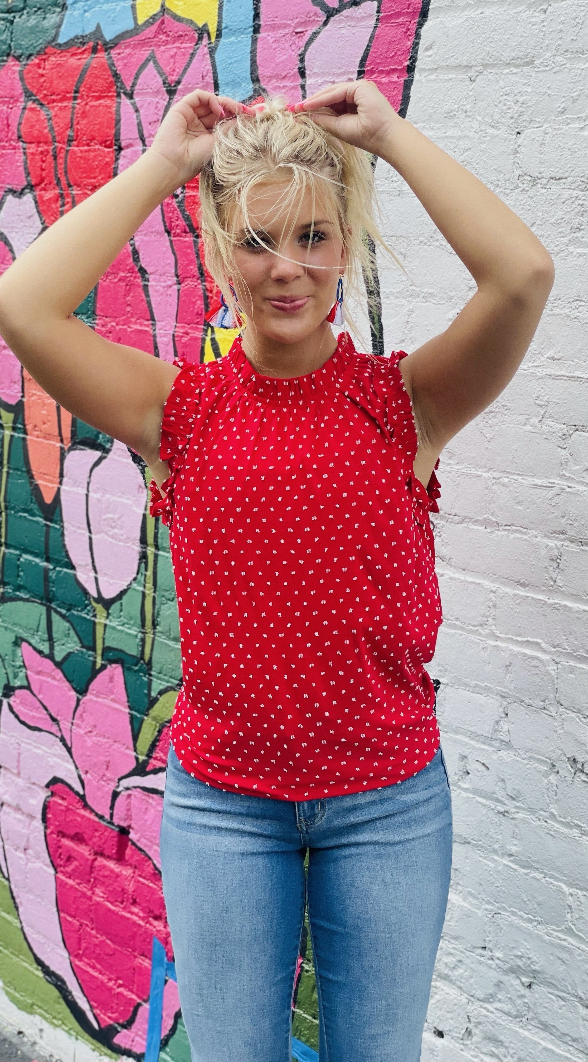 Red Sleeveless Swiss Dot Top