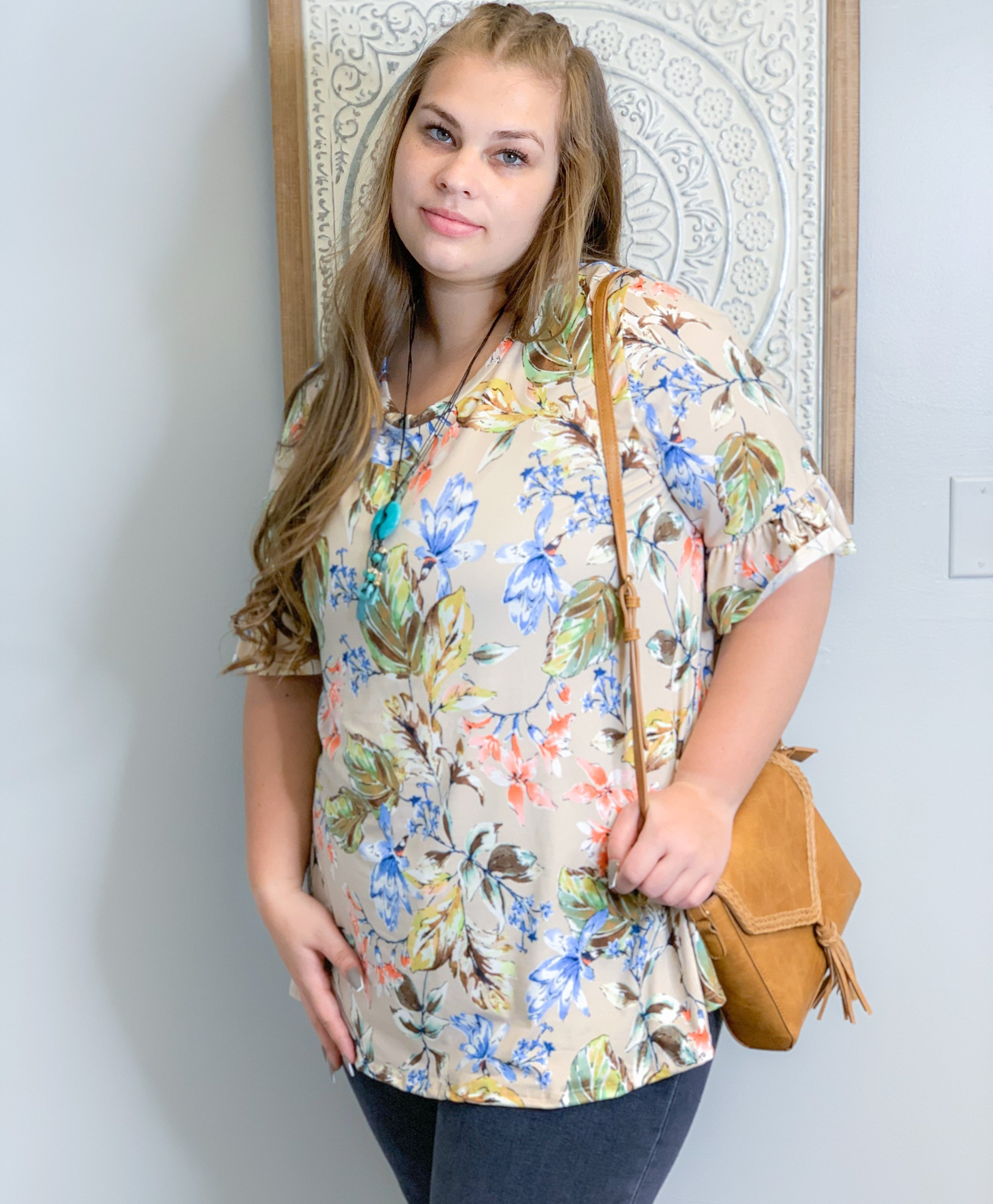 Beige Ruffle Sleeve Floral Top