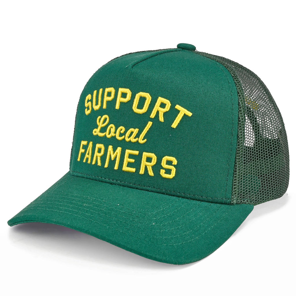 C.C SUPPORT LOCAL FARMERS Letter Two Tone Trucker Hat: Dark Green