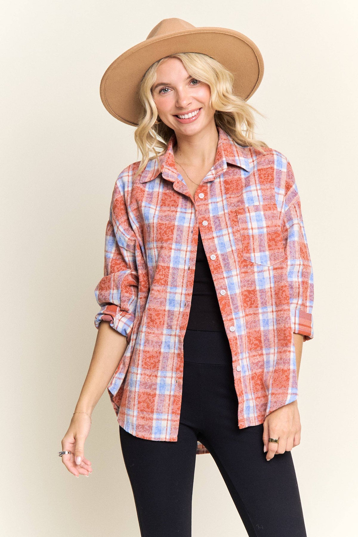 BURNOUT PLAID WASHED-LOOK SHIRT- LET4189: Blue / S-M-L(2-2-2)