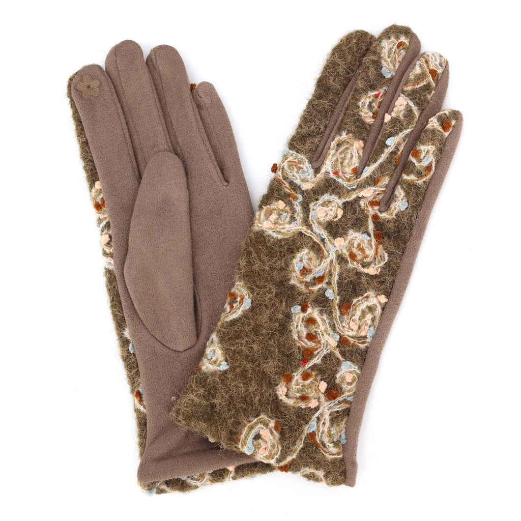 Floral Embroidered Touchscreen Gloves: Taupe
