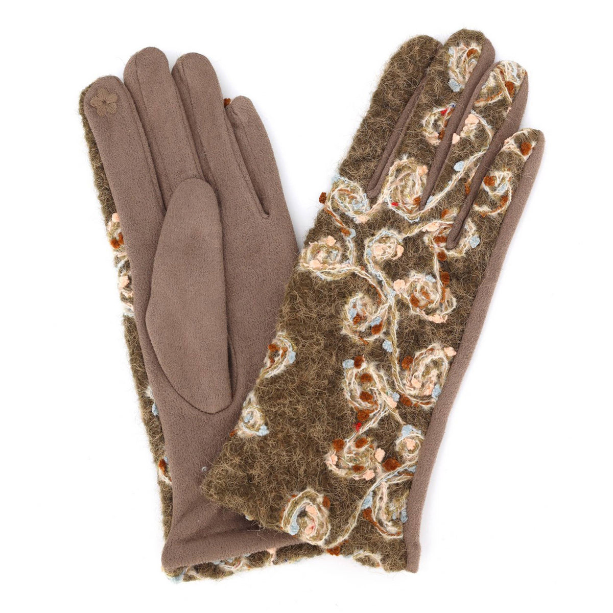 Floral Embroidered Touchscreen Gloves: Taupe