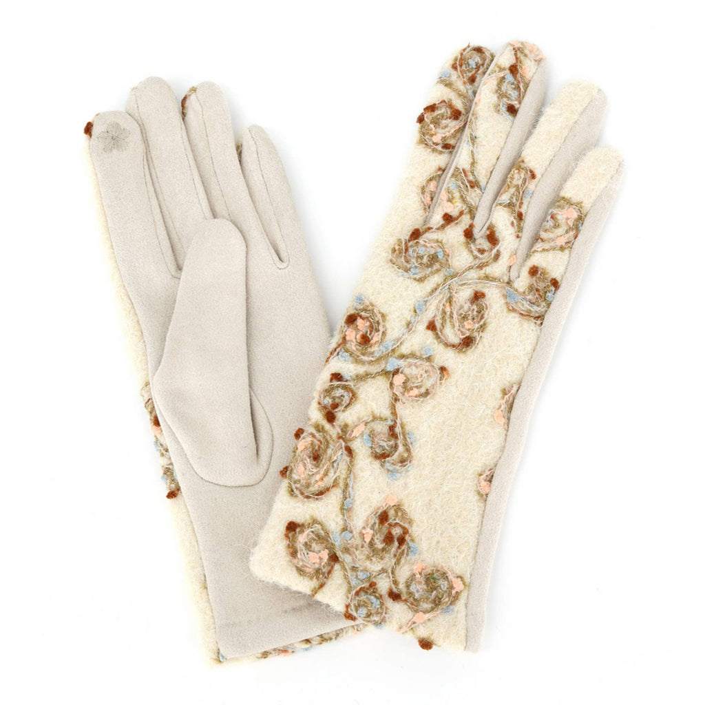 Floral Embroidered Touchscreen Gloves: Taupe