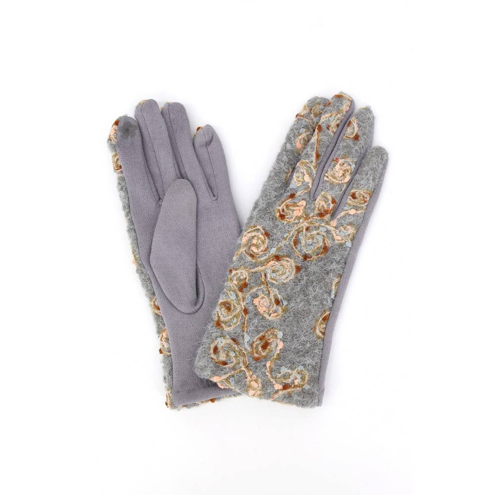 Rosette Embroidered Knit Touchscreen Gloves: BK