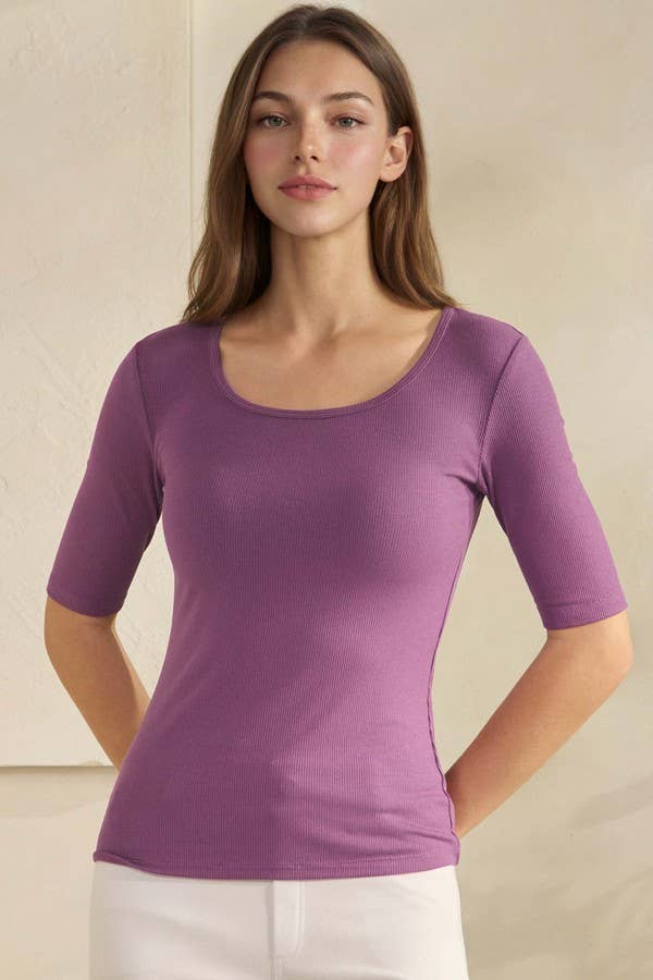 Pure Comfort Modern Mid Sleeve Ribbed Fitted Top: Mocha / S
