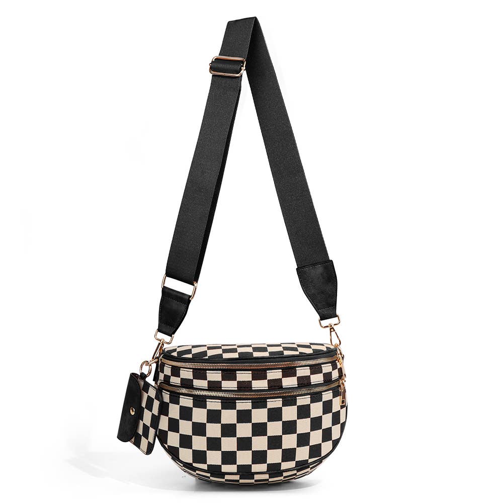 Checkerboard Crossbody Bag & Coin Purse: Brown