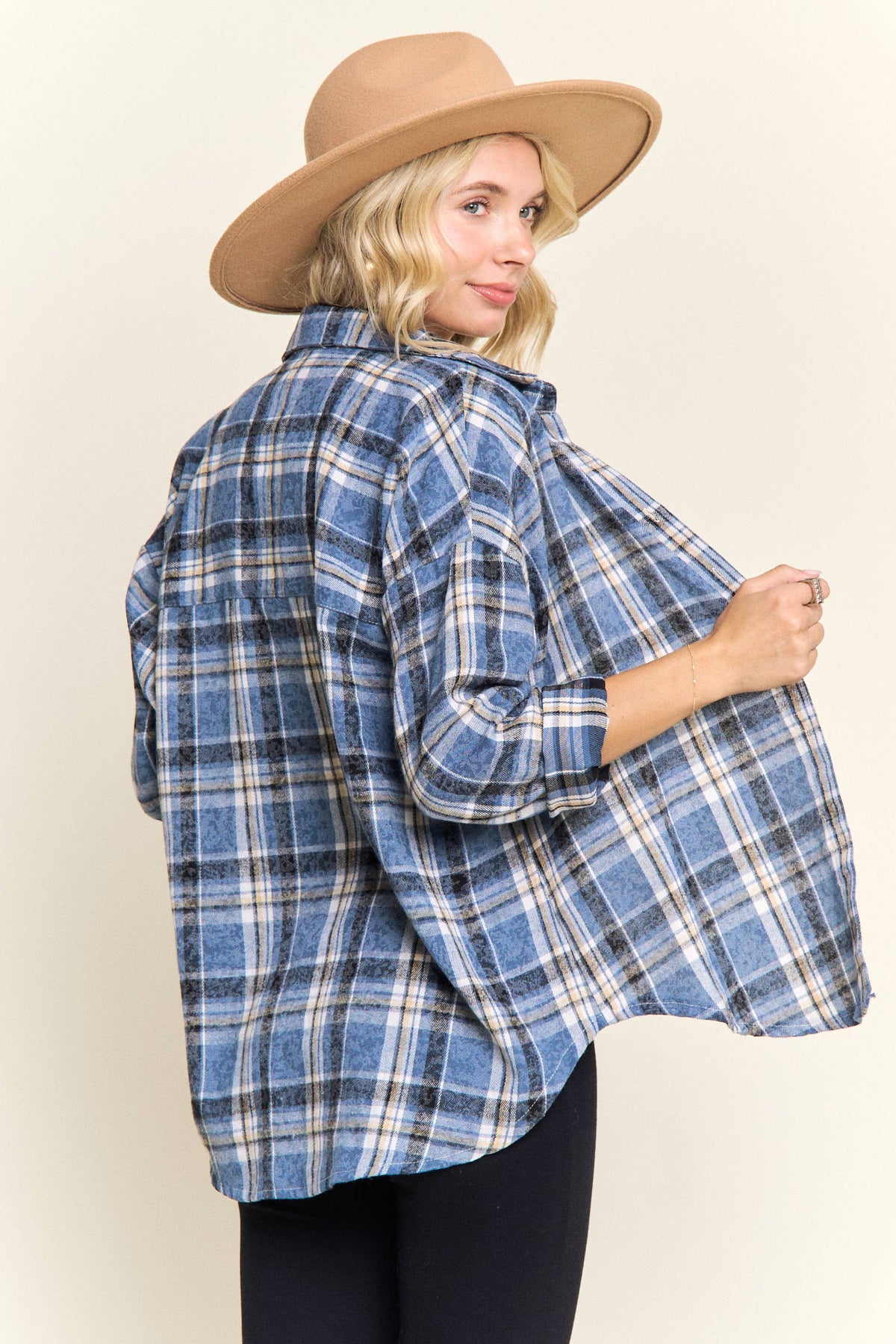 BURNOUT PLAID WASHED-LOOK SHIRT- LET4189: Blue / S-M-L(2-2-2)