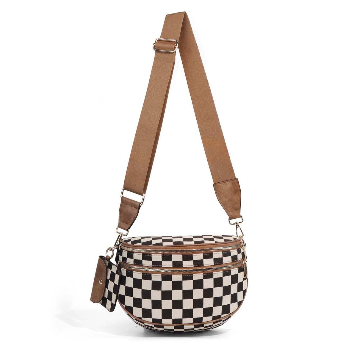 Kaylee Mixed Media Double Zip Crossbody Sling Bag: Cognac