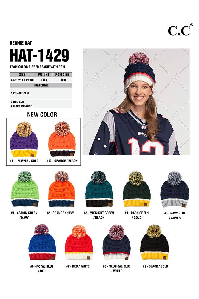 C.C Team Color Ribbed Beanie with Pom Winter Hat: 6.royal Blue/Red