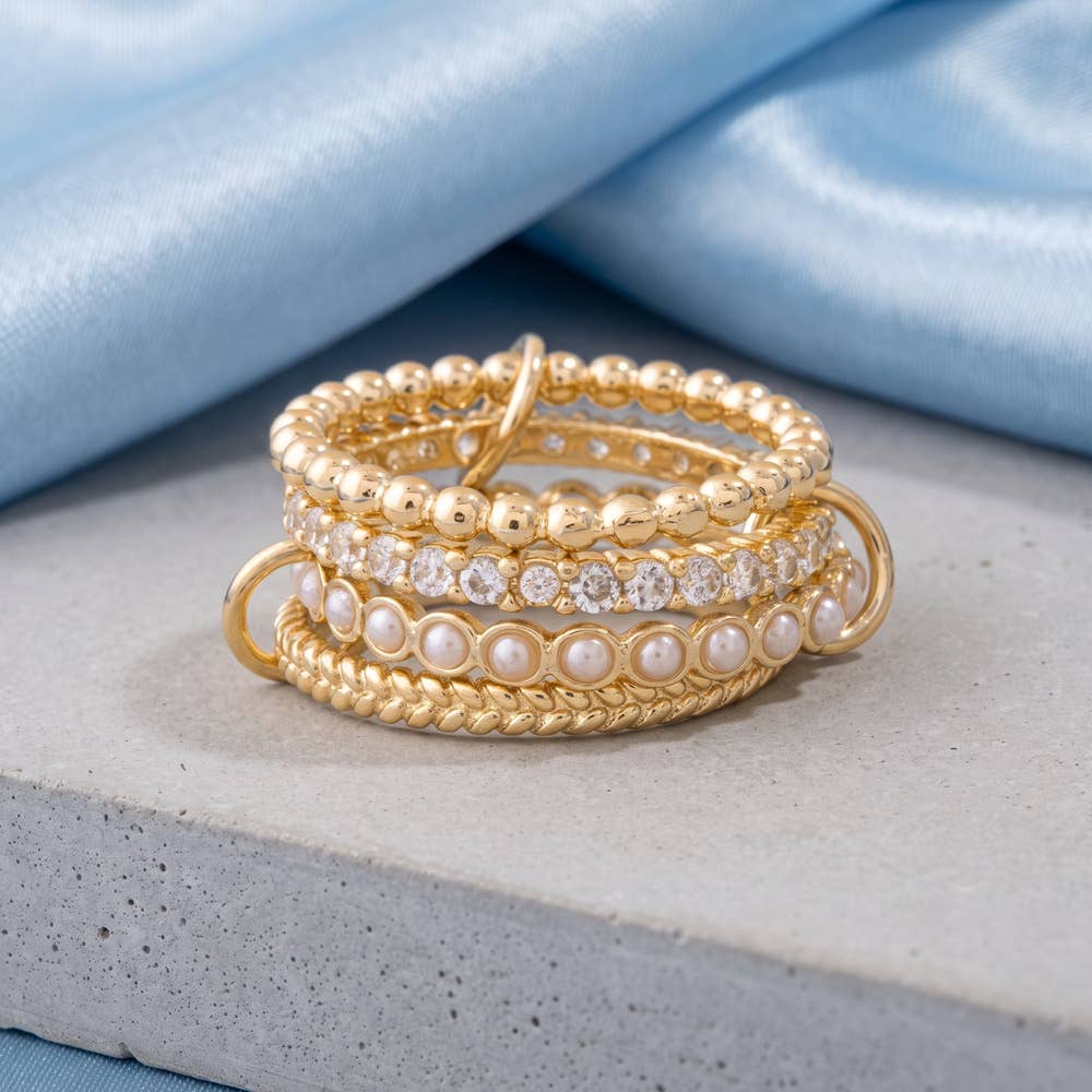 Pearl Cz Beaded Four Band Stackable Ring Set: GDCRY