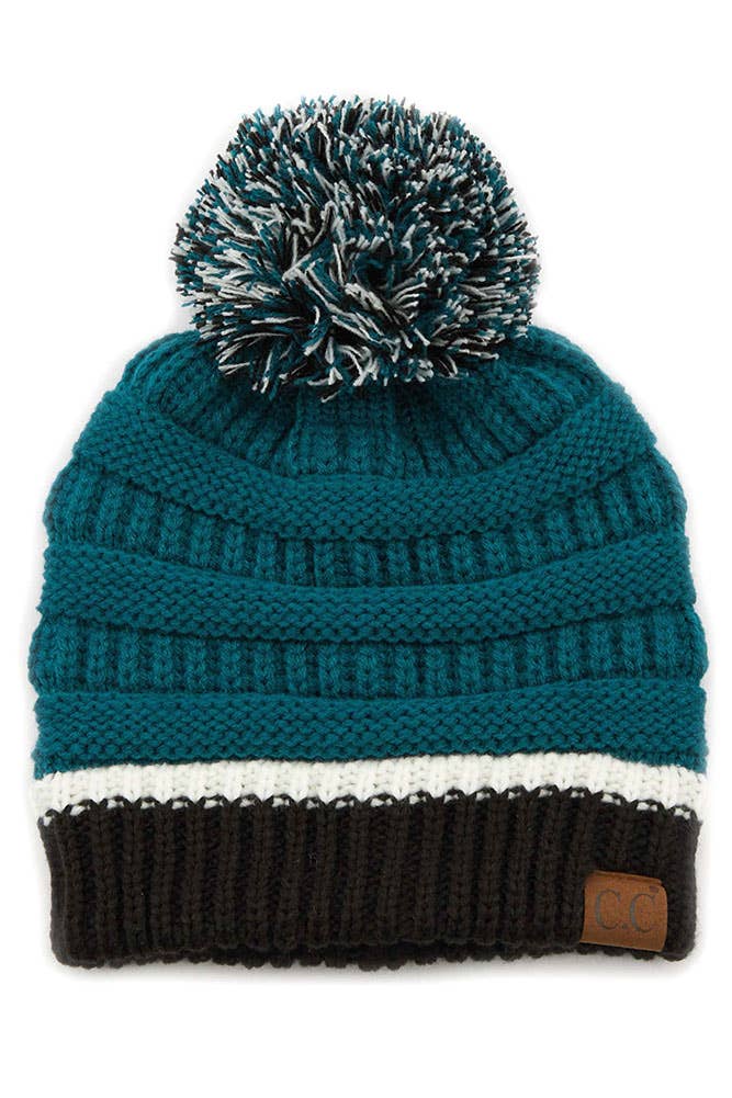 C.C Team Color Ribbed Beanie with Pom Winter Hat: 6.royal Blue/Red